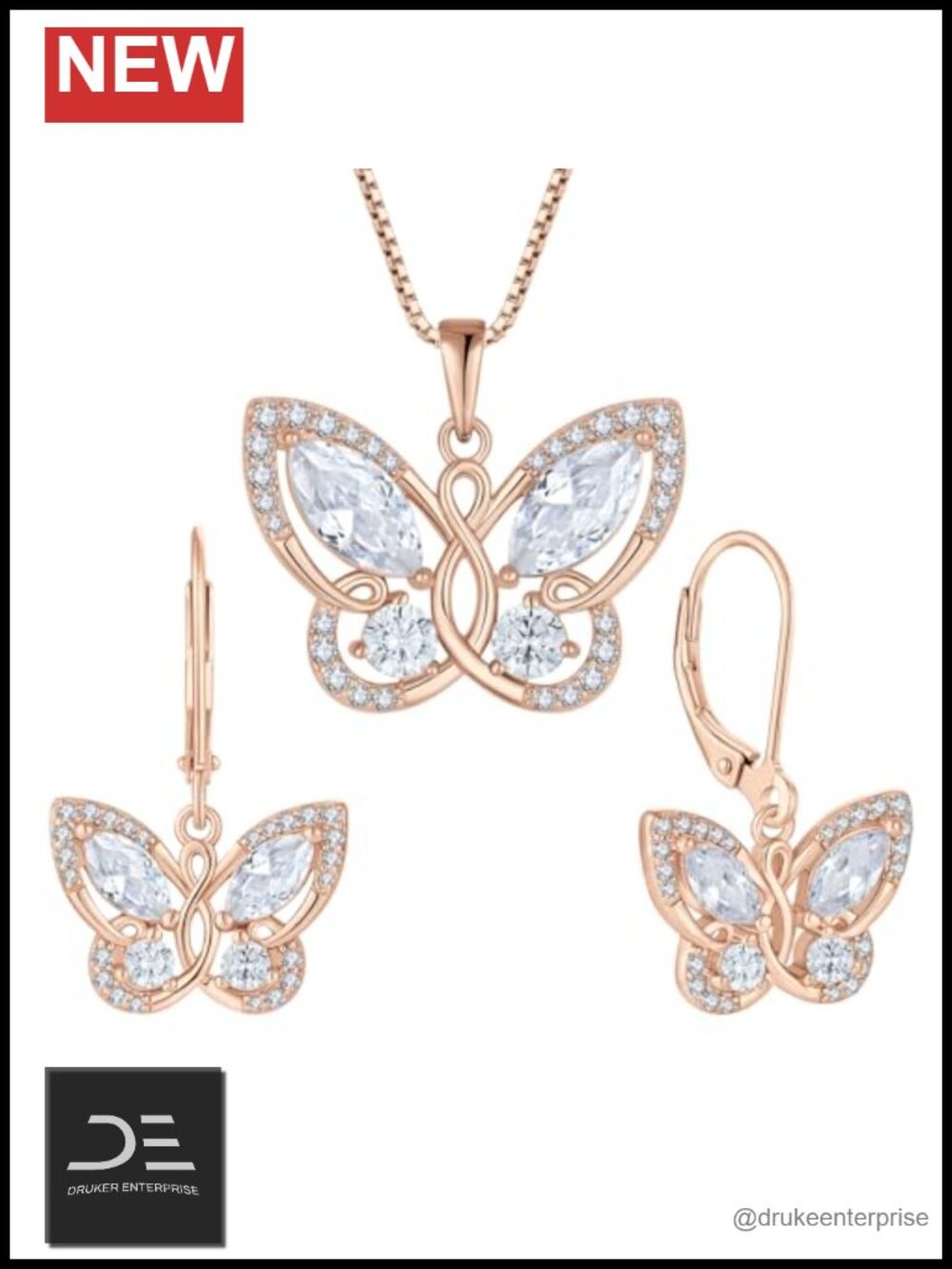 925 Sterling Silver Rose Gold Plated Butterfly Necklace & Earrings Set with